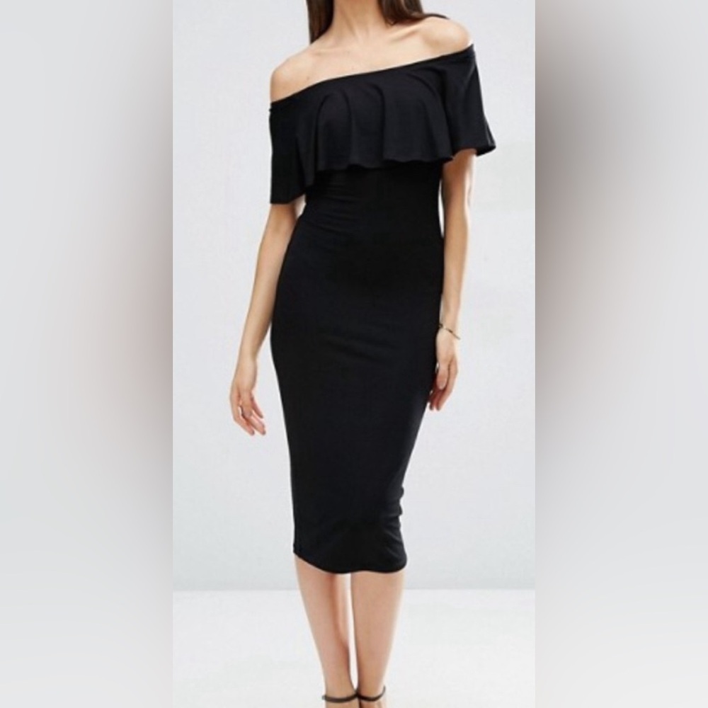 ASOS Black Jersey Ruffle Off The Shoulder Bardot Pencil Midi Dress UK 10 US 6